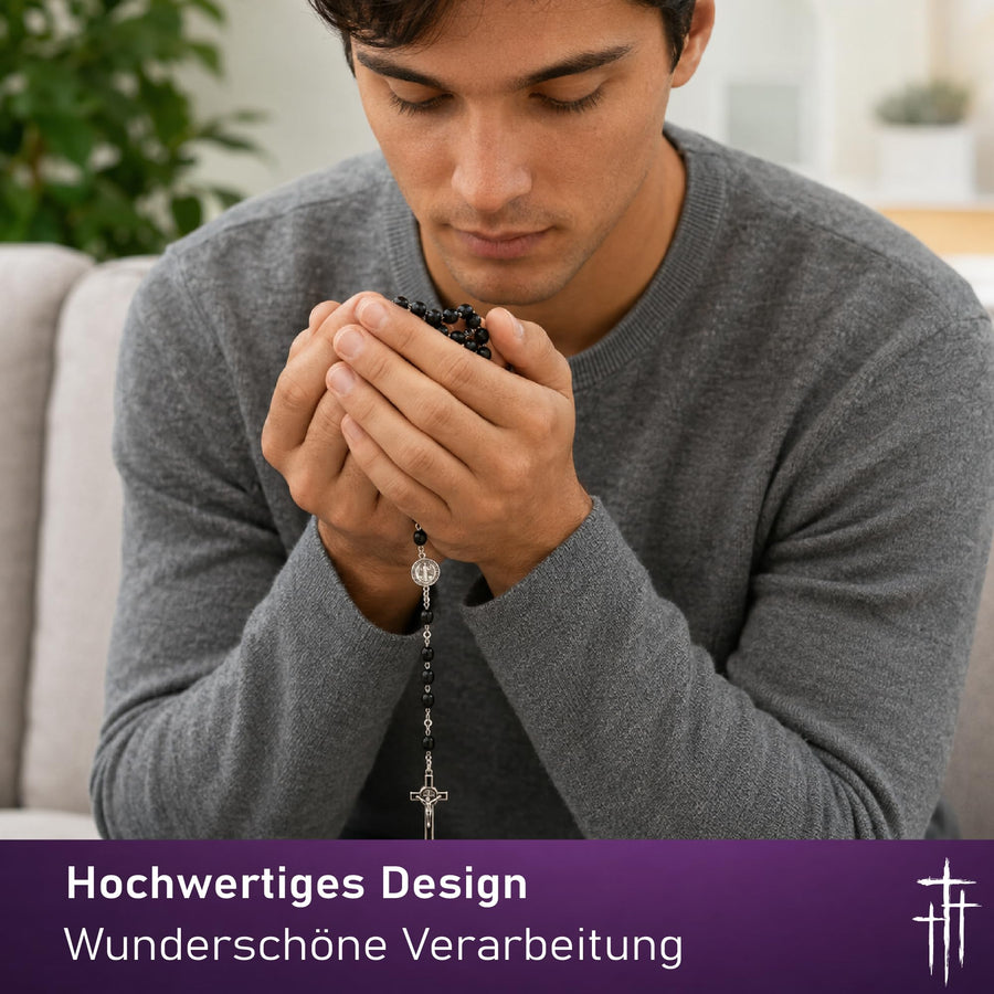 Benediktus-Rosenkranz mit schwarzen ovalen Holzperlen, 50 cm, Medaille und emailliertes Kruzifix – Bild 8