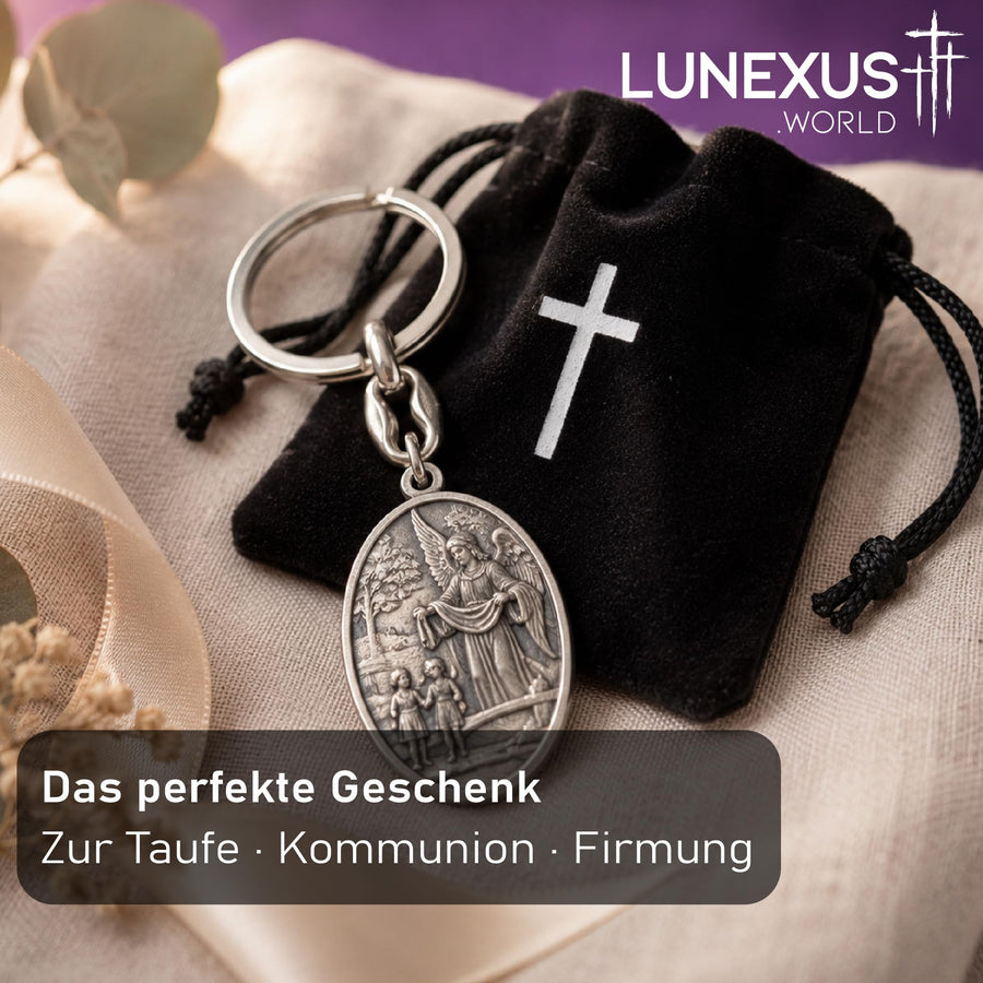 Schutzengel Schlüsselanhänger Metall silber 9,5 cm, gesegnet, mit schwarzem Samtbeutel – Bild 6