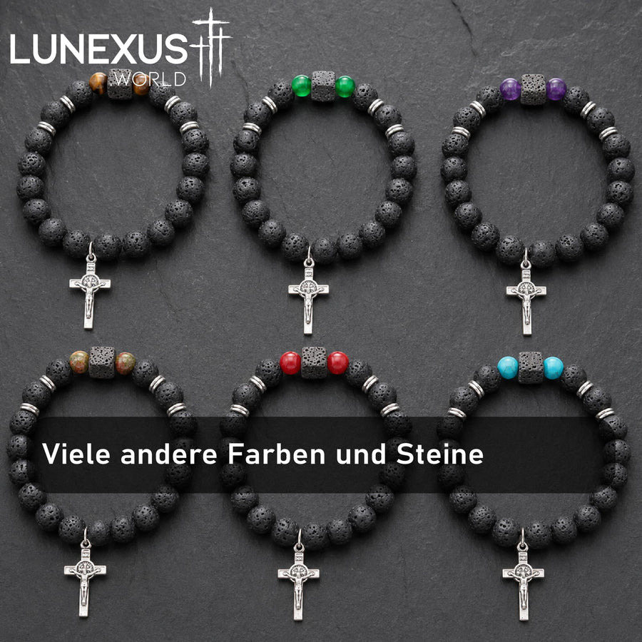 Bracelet en pierre de lave avec crucifix de saint Benoît et pierre d'accent, 16 cm, bénit – image 8