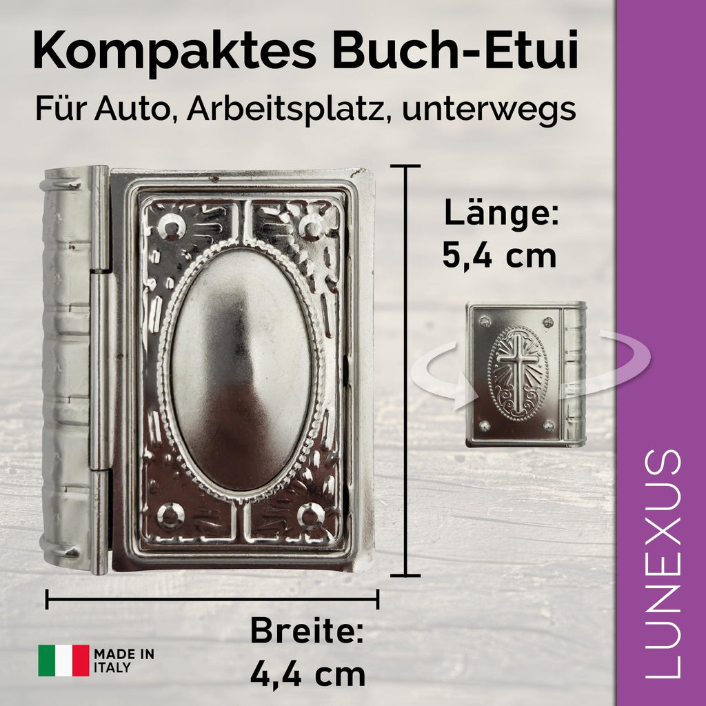 Schmucketui in Buchform aus silberfarbenem Metall mit ovaler Zierprägung und blauem Einsatz – Bild 2