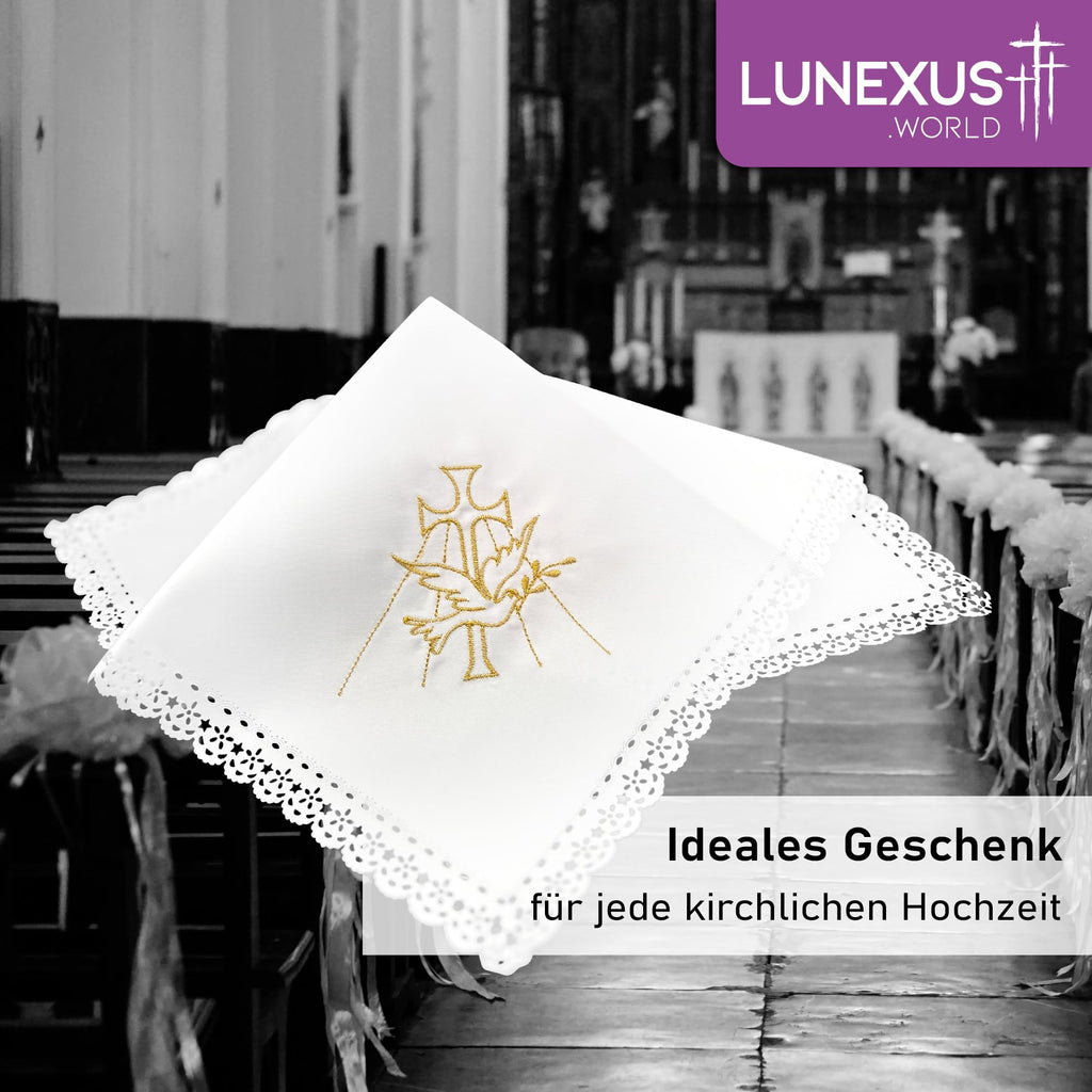 Weißes Tauftuch 35 × 35 cm mit goldener Stickerei aus Kreuz, Taube und Strahlen und Spitzenrand – Bild 6