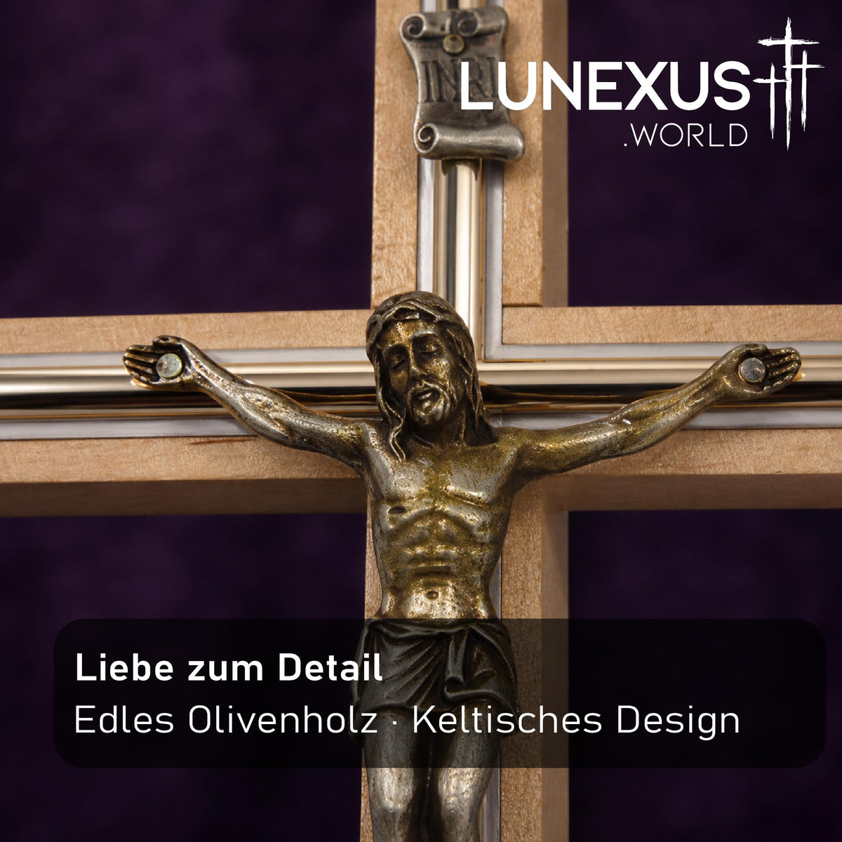 Wandkruzifix aus Buchenholz mit Metallkorpus, INRI-Plakette und Metallstreifen, 28×14 cm, gesegnet – Bild 5