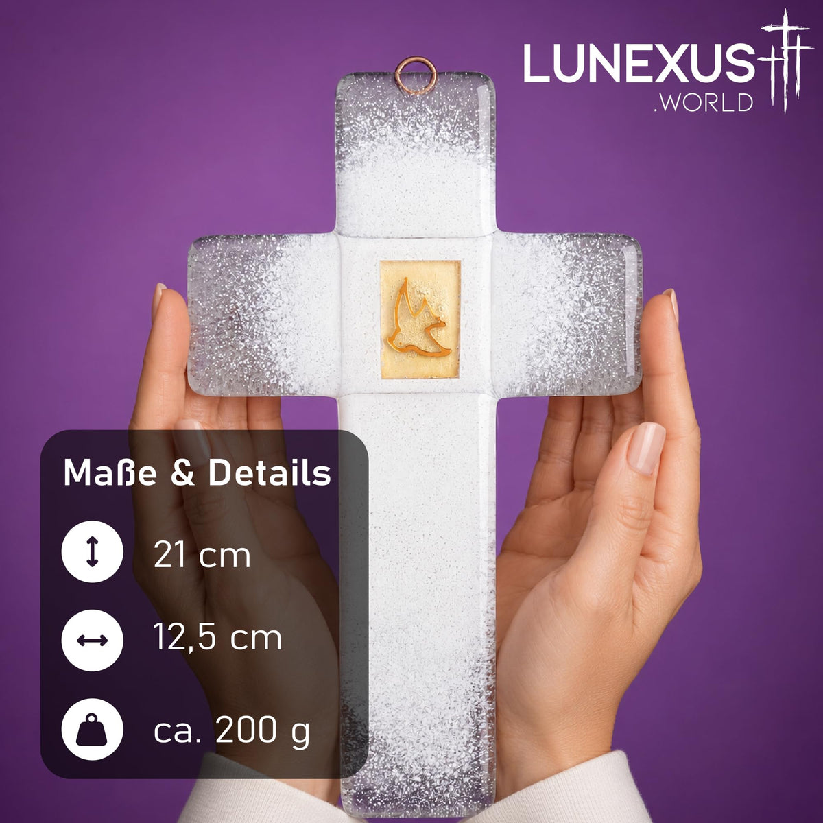 Glaskreuz 21×12,5 cm weiß-transparent mit goldener Taube auf Plakette, gesegnet – Bild 2