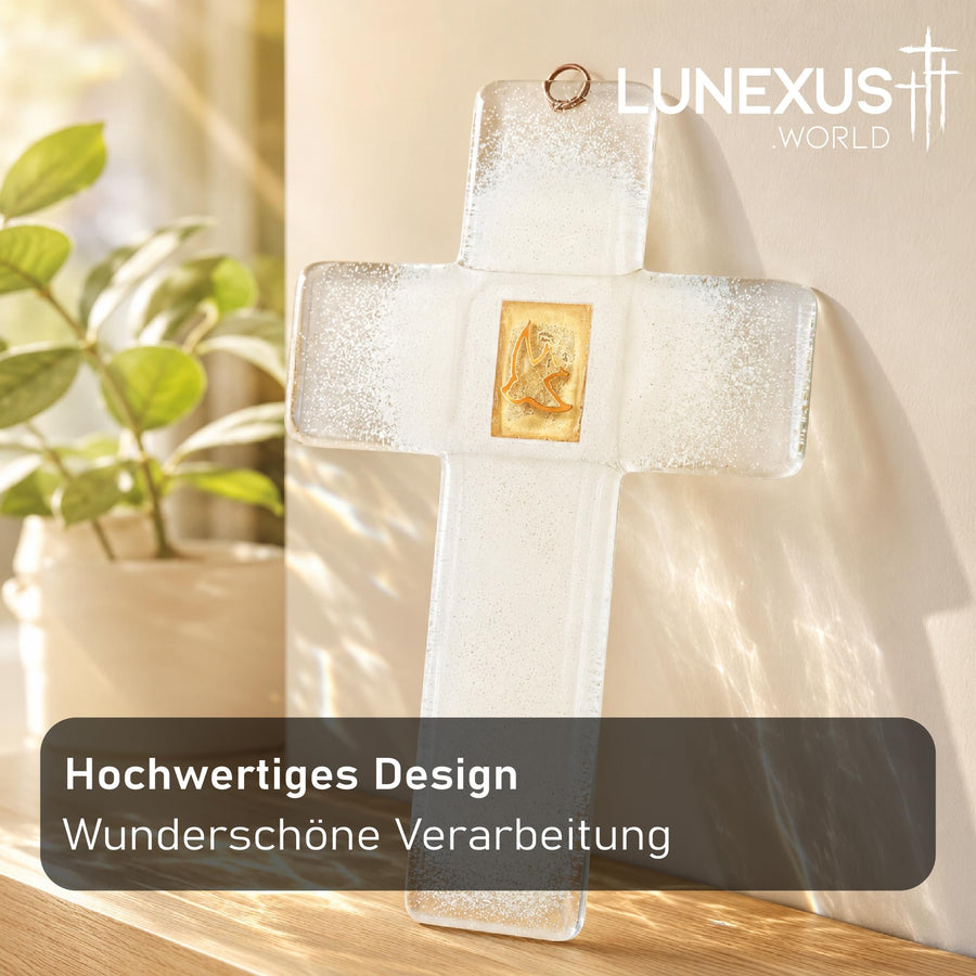 Glaskreuz 21×12,5 cm weiß-transparent mit goldener Taube auf Plakette, gesegnet – Bild 8