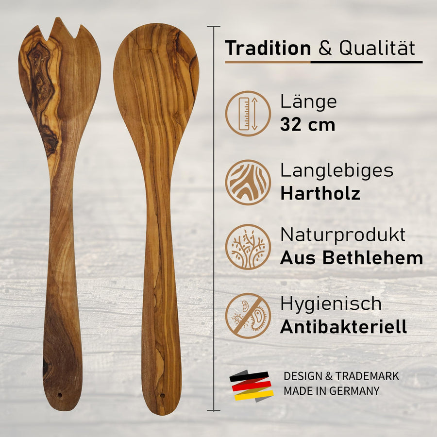 Salatbesteck aus Olivenholz, 32 cm, Salatlöffel und -gabel mit natürlicher Maserung – Bild 2