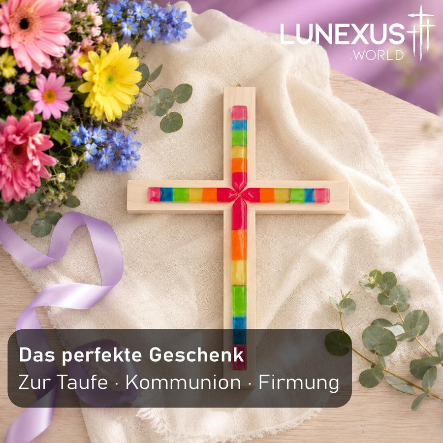 Wandkreuz aus Buchenholz mit Regenbogen-Glaseinsätzen, 20×15 cm, gesegnet – Bild 6