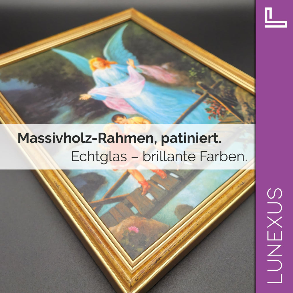 Schutzengelbild im goldenen Holzrahmen: Engel führt zwei Kinder über nächtliche Brücke – Bild 5