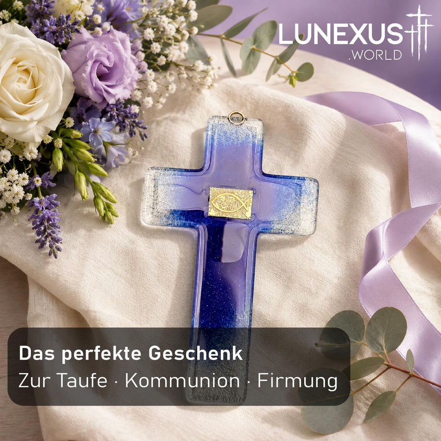 Croix en verre bleue avec symbole du poisson doré, 21 × 14 cm, croix murale – image 6