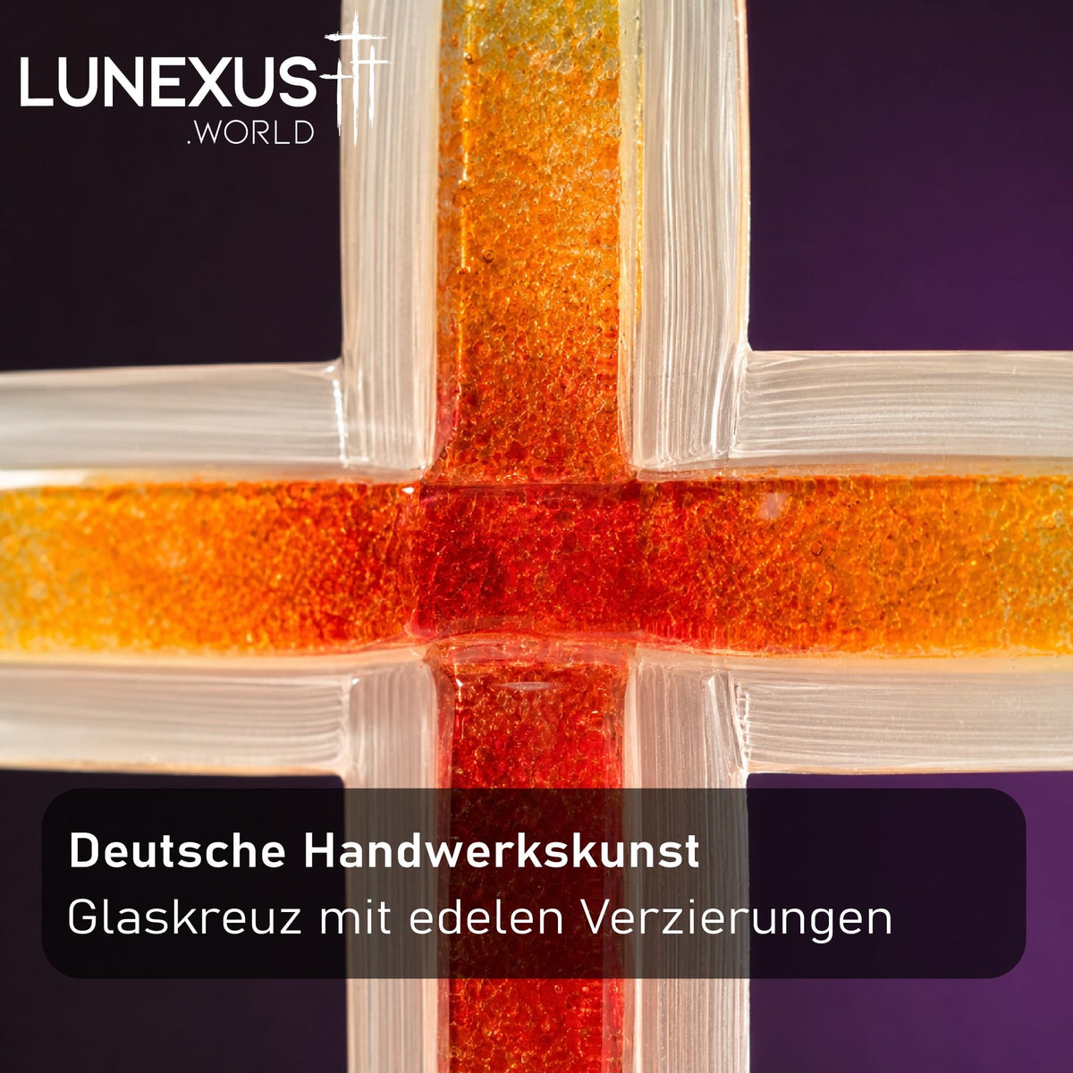 Glaskreuz 20,5 × 11,5 cm mit Farbverlauf in Gelb, Orange und Rot, handgefertigt, gesegnet – Bild 5