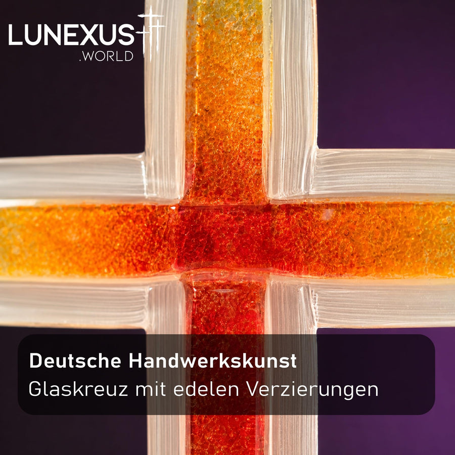 Glaskreuz 20,5 × 11,5 cm mit Farbverlauf in Gelb, Orange und Rot, handgefertigt, gesegnet – Bild 5