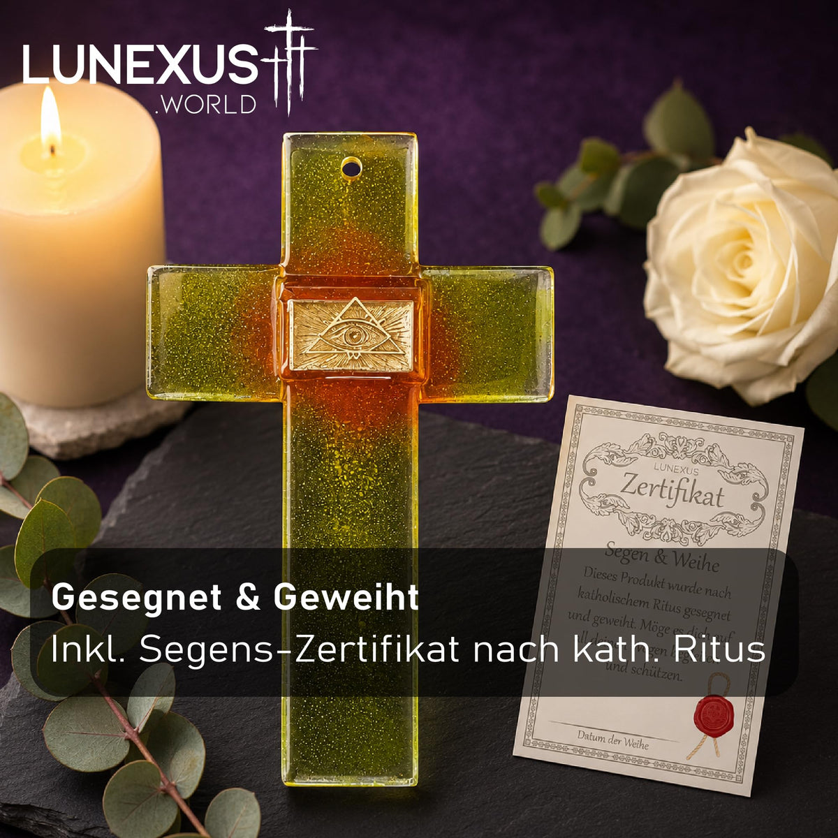 Glaskreuz 20×12 cm in Gelb mit Auge der Vorsehung und Glitzerfüllung, gesegnet – Bild 4
