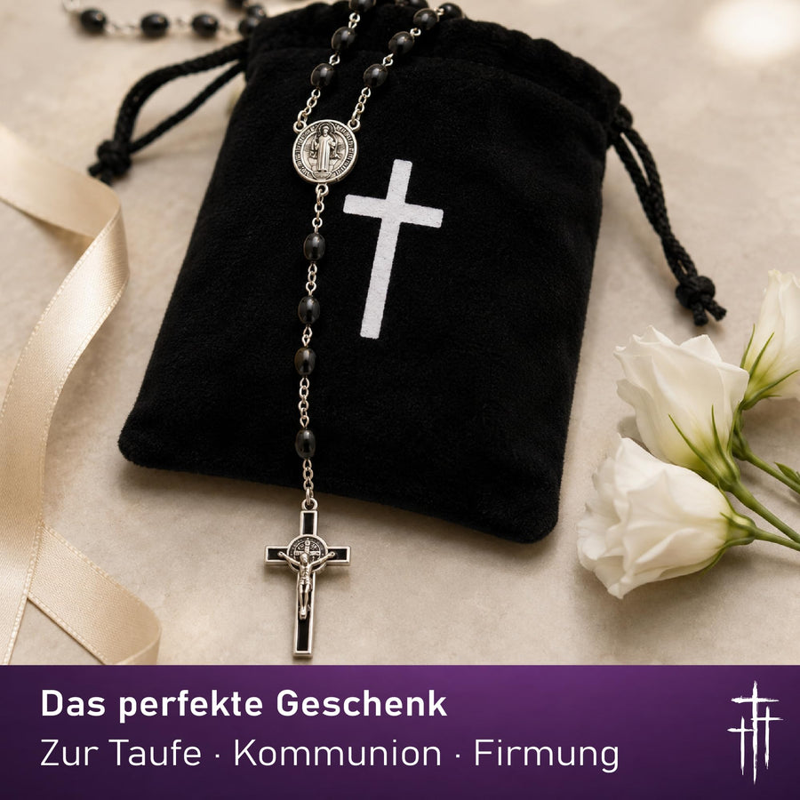 Benediktus-Rosenkranz mit schwarzen ovalen Holzperlen, 50 cm, Medaille und emailliertes Kruzifix – Bild 6