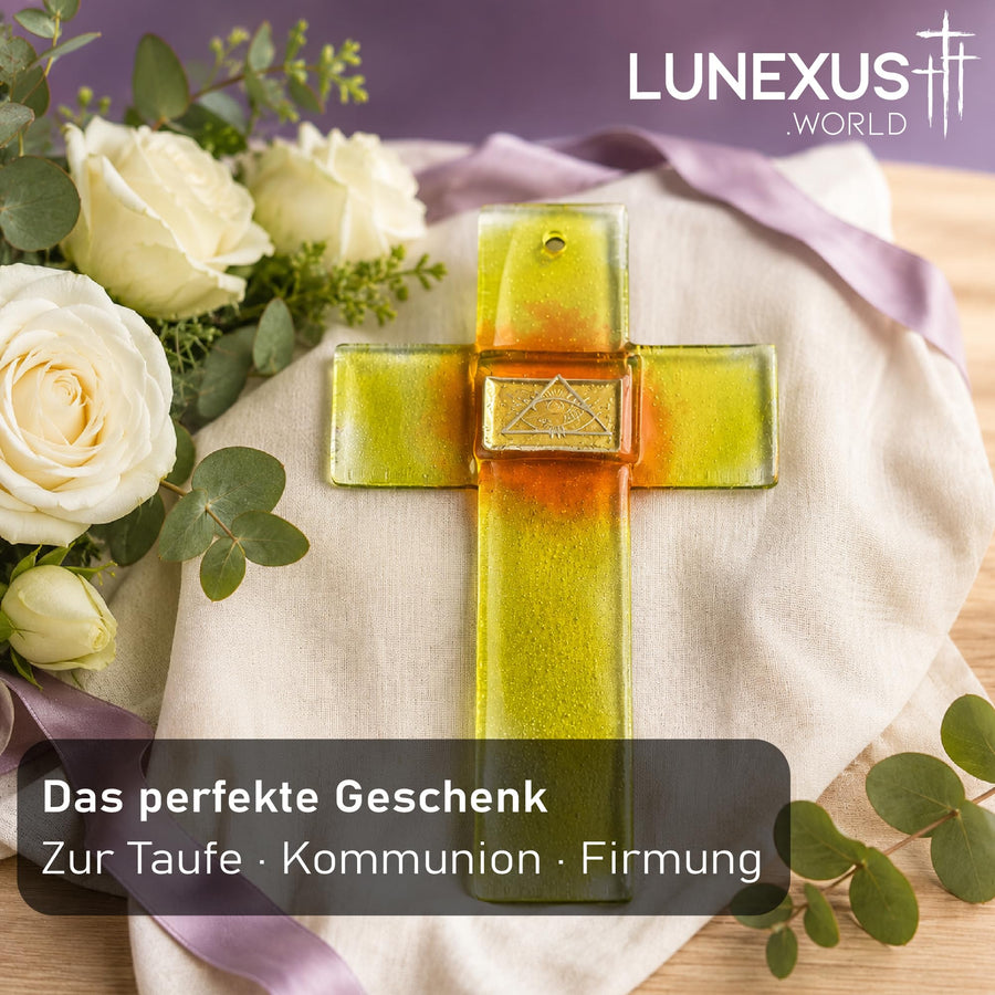 Glaskreuz 20×12 cm in Gelb mit Auge der Vorsehung und Glitzerfüllung, gesegnet – Bild 6