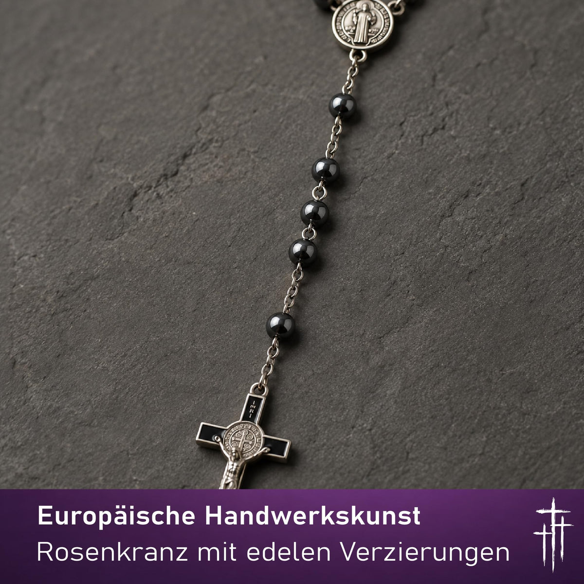 Rosenkranz aus Hämatit mit Benediktus-Kruzifix und Medaille, ca. 50 cm, gesegnet – Bild 5