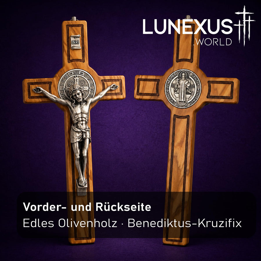 Benediktus-Kruzifix aus Olivenholz 28 × 15 cm mit Corpus, INRI-Tafel und Medaille, gesegnet – Bild 5