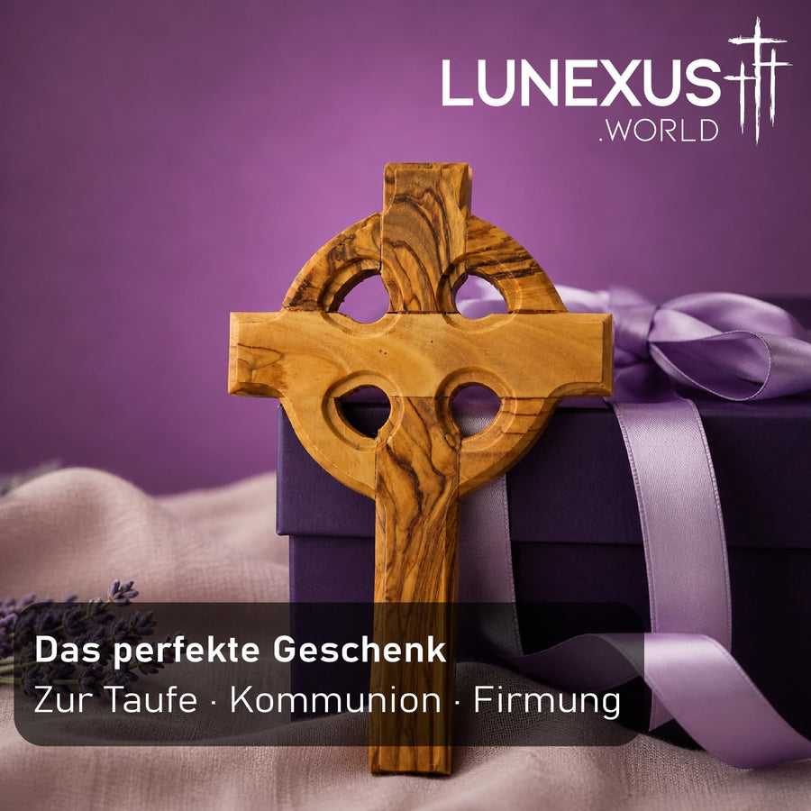 Keltisches Wandkreuz aus Olivenholz, 15,5 × 10 cm, mit Ring und goldfarbenem Haken, gesegnet – Bild 6