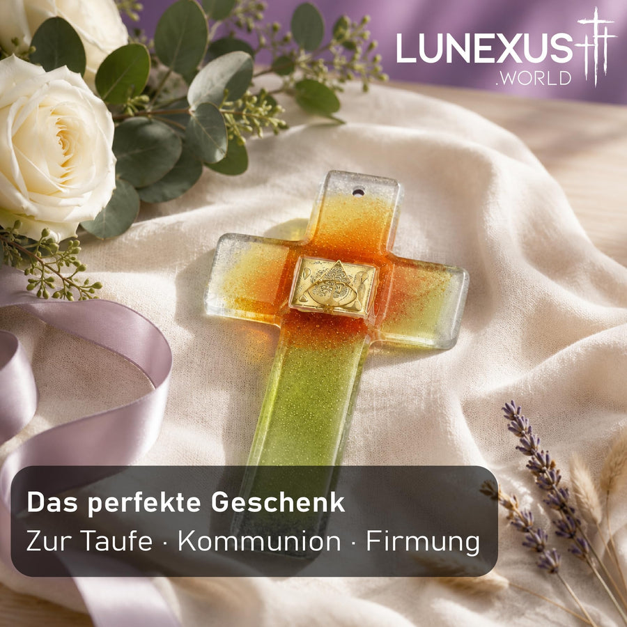 Glaskreuz 21×15 cm mit Glitzer-Farbverlauf in Orange, Gelb und Gold, gesegnet – Bild 6