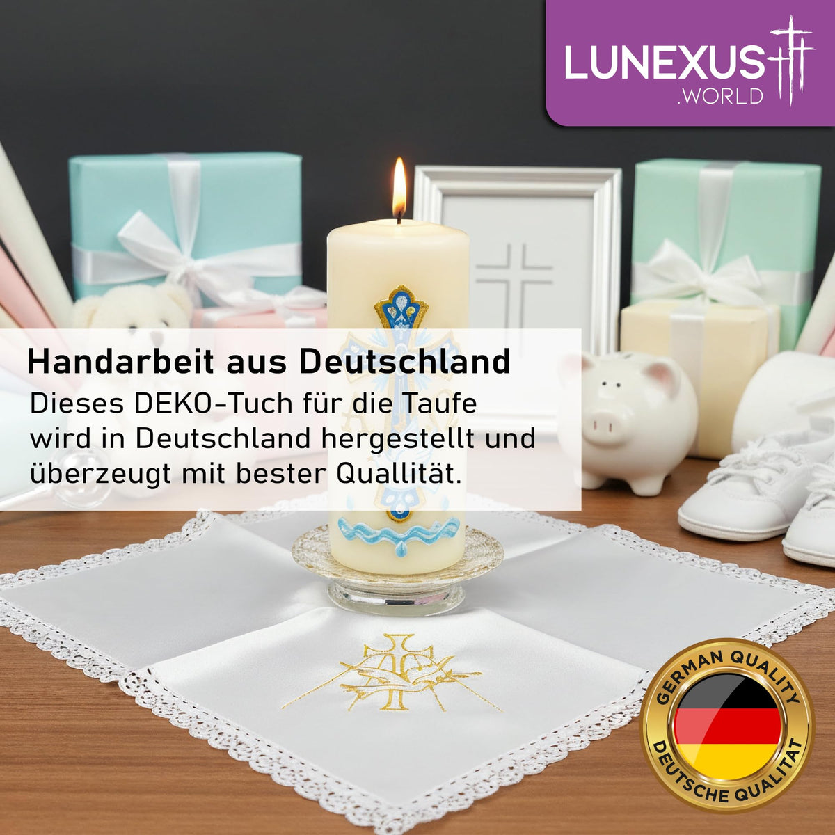 Weißes Tauftuch 35 × 35 cm mit goldener Stickerei aus Kreuz, Taube und Strahlen und Spitzenrand – Bild 5