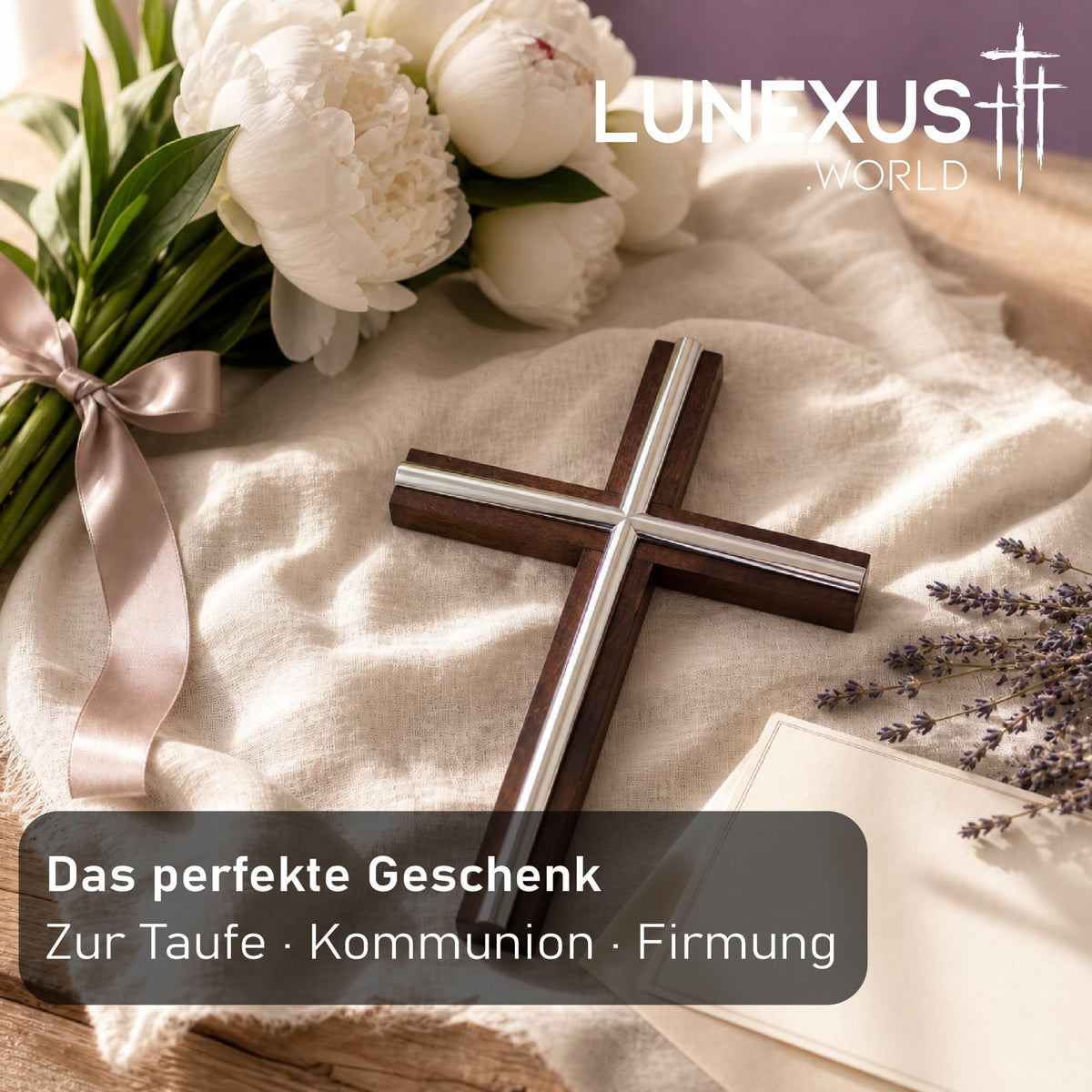 Wandkreuz aus dunkelbraunem Buchenholz mit silberfarbenen Einlagen, gesegnet, zwei Größen – Bild 5
