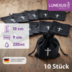 10er Set schwarze Samtbeutel 10 × 9 cm mit weißem Kreuz und Kordelzug – Bild 2