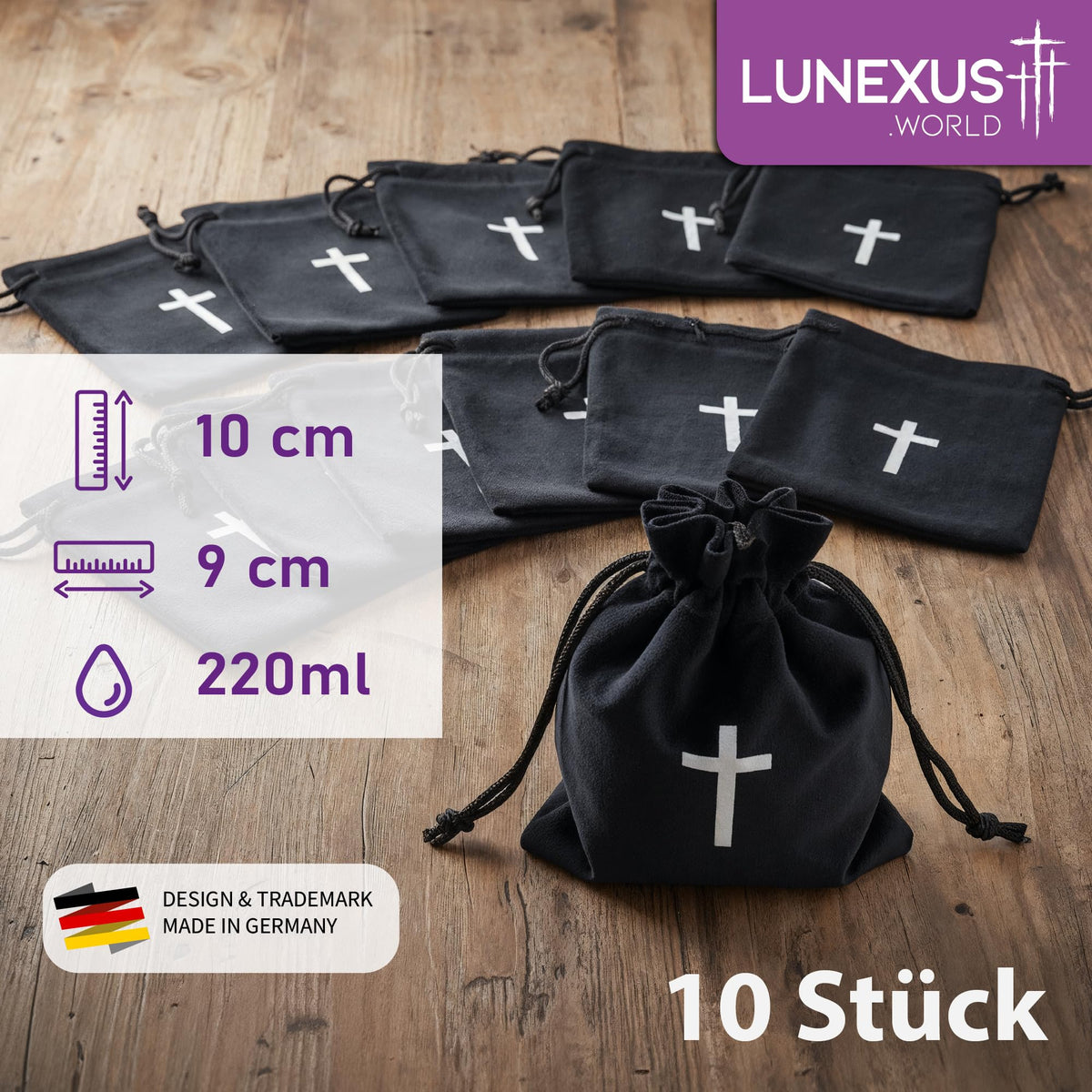 10er Set schwarze Samtbeutel 10 × 9 cm mit weißem Kreuz und Kordelzug – Bild 2