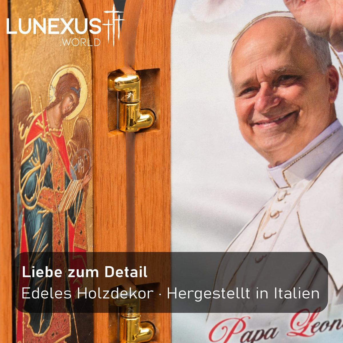Papst Leo XIV. Triptychon Holzaufsteller 12×10 cm, braun-weiß mit goldfarbenen Scharnieren, gesegnet – Bild 5