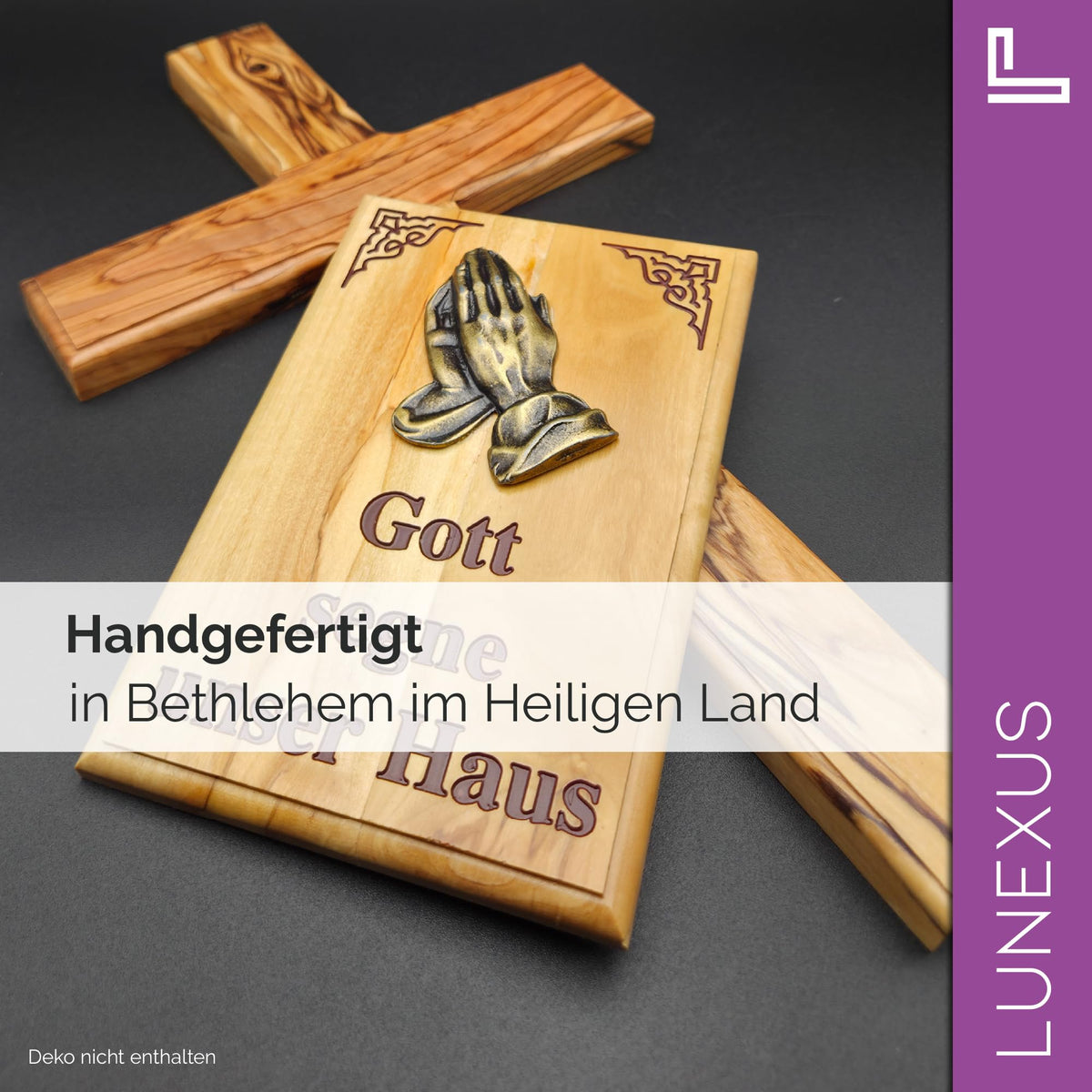 Haussegen aus Olivenholz mit betenden Händen und Inschrift Gott segne unser Haus – Bild 4