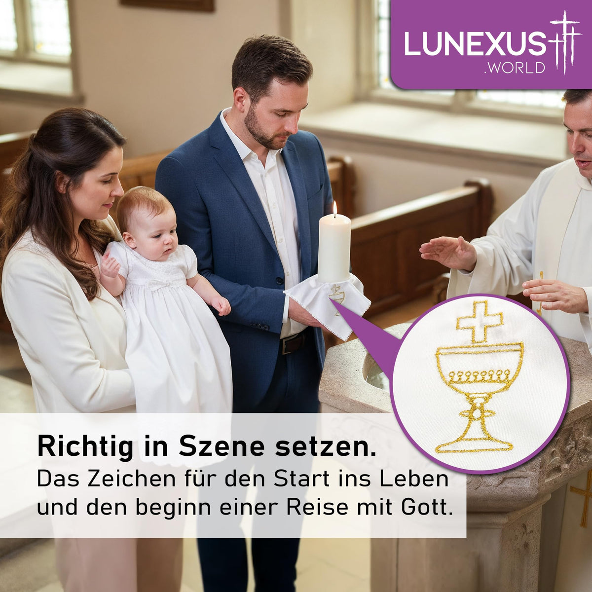 Weißes Kerzentuch 22 × 22 cm mit goldfarbener Stickerei aus Kelch, Hostie und Kreuz und Spitzenrand – Bild 3