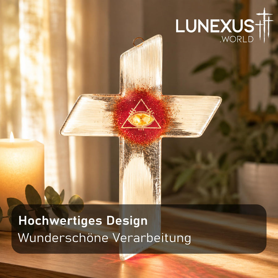 Croix en verre 22 × 15 cm avec œil de la Providence doré, blanc, rouge et or, bénite – image 8