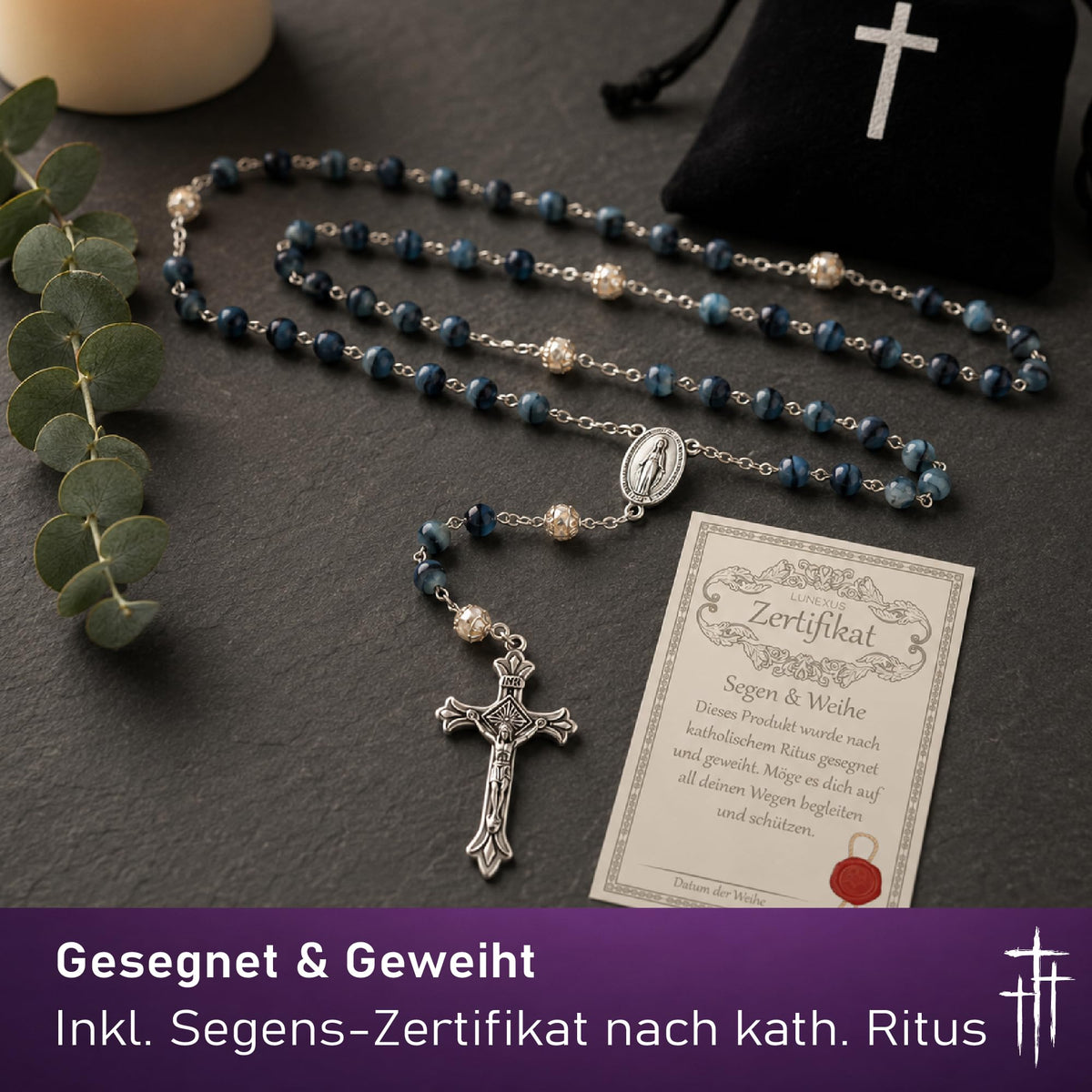 Rosenkranz mit blau marmorierten Glasperlen, 47 cm, Wundertätige Medaille und Kruzifix, gesegnet – Bild 4