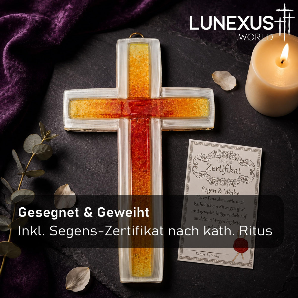 Glaskreuz 20,5 × 11,5 cm mit Farbverlauf in Gelb, Orange und Rot, handgefertigt, gesegnet – Bild 4