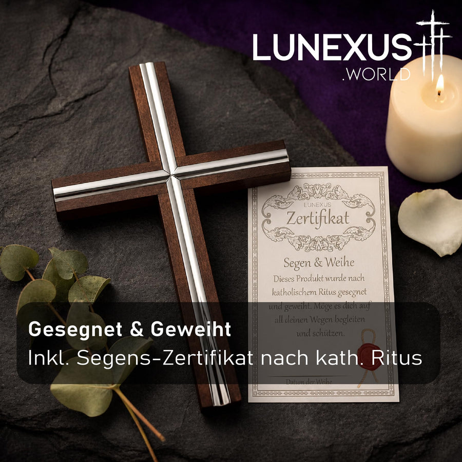 Wandkreuz aus dunkelbraunem Buchenholz mit silberfarbenen Einlagen, gesegnet, zwei Größen – Bild 4