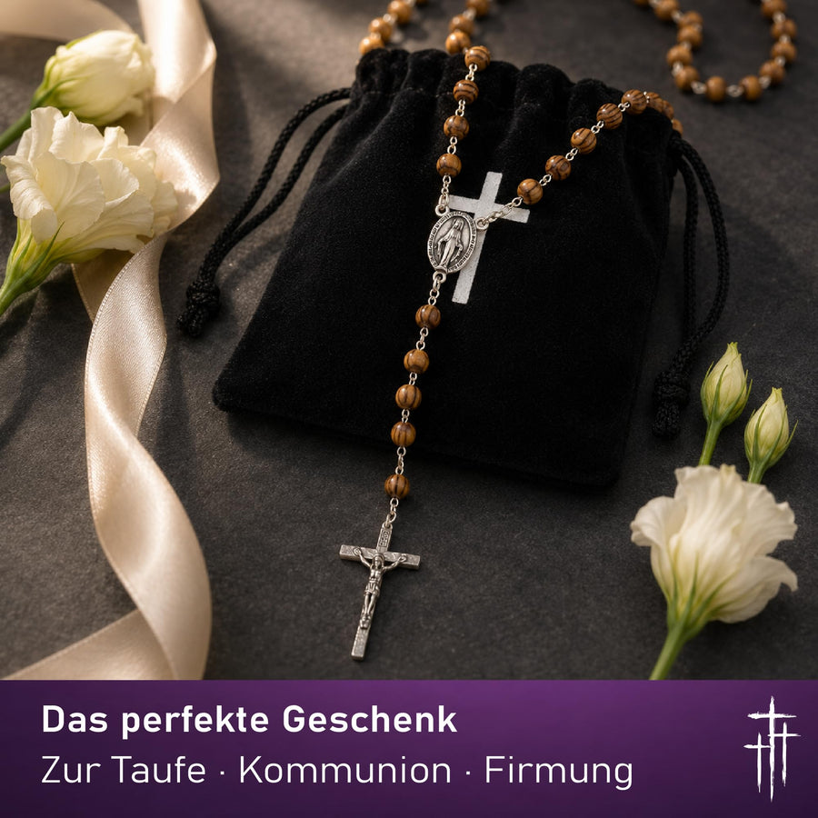 Rosenkranz aus hellbraunen Holzperlen, 50 cm, mit Wundertätiger Medaille und Samtsäckchen, gesegnet – Bild 6