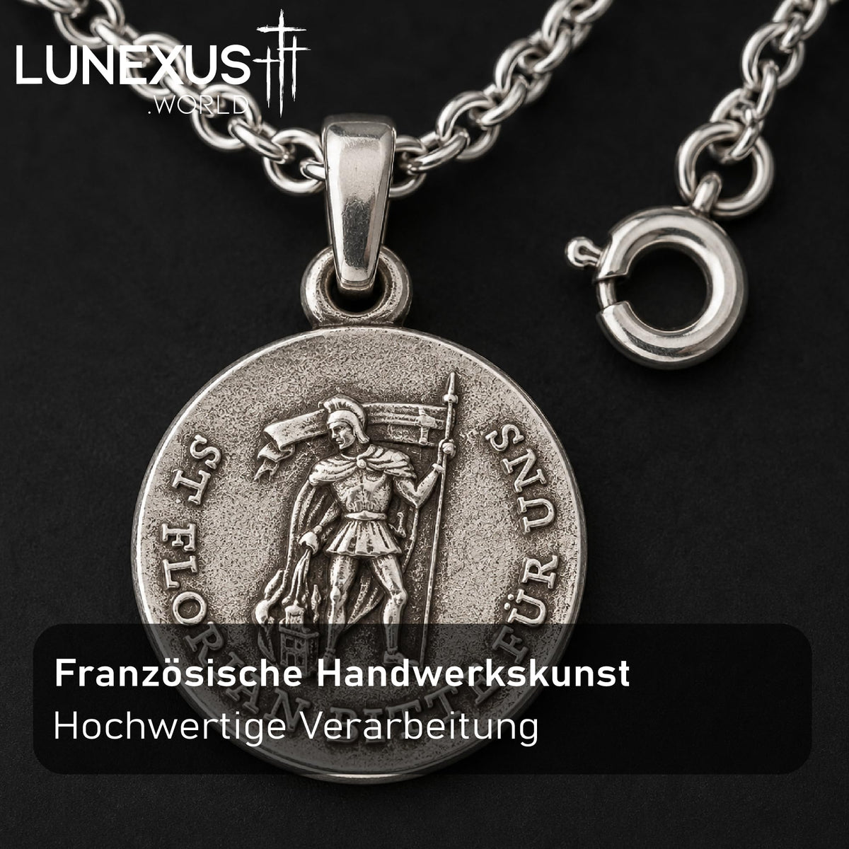 Halskette mit Medaillon des heiligen Florian, 1,6 cm, Edelstahlkette, gesegnet, mit Samtbeutel – Bild 5