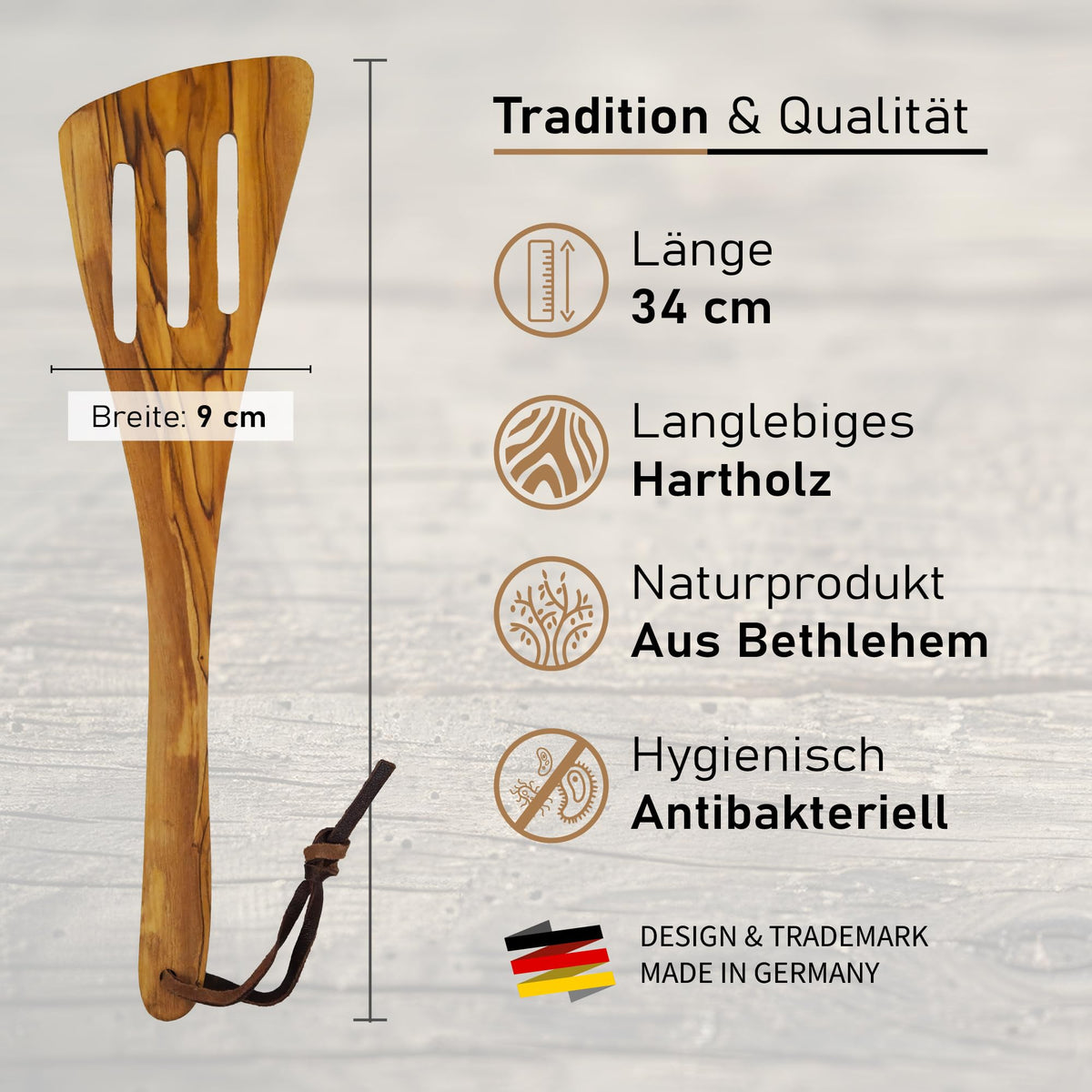 Geschlitzter Pfannenwender aus Olivenholz, ca. 34 cm, mit drei Schlitzen im Kopf – Bild 2