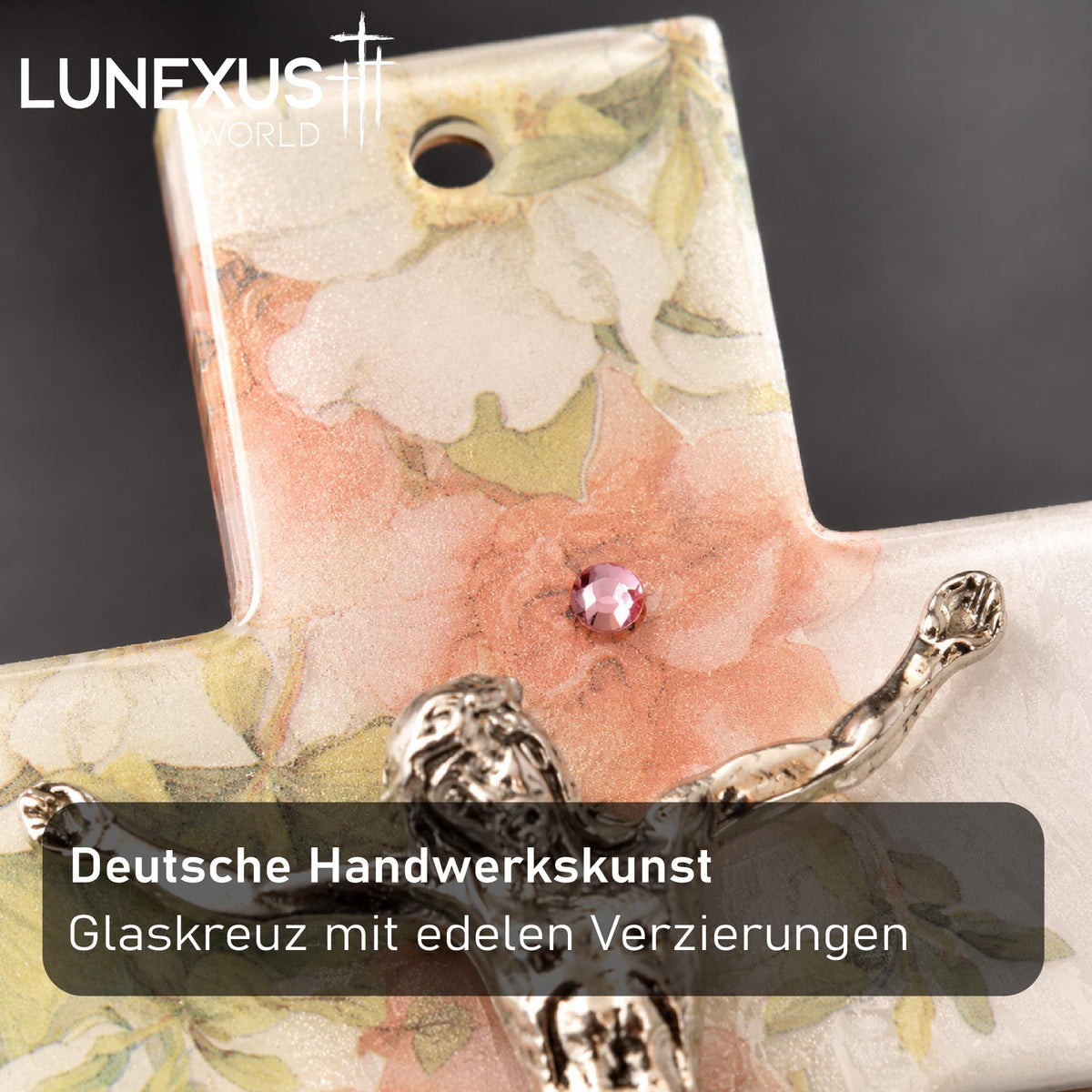 Glaskreuz 16 × 10 cm in Weiß und Orange mit Jesus-Korpus, Strass und floralem Dekor, gesegnet – Bild 5