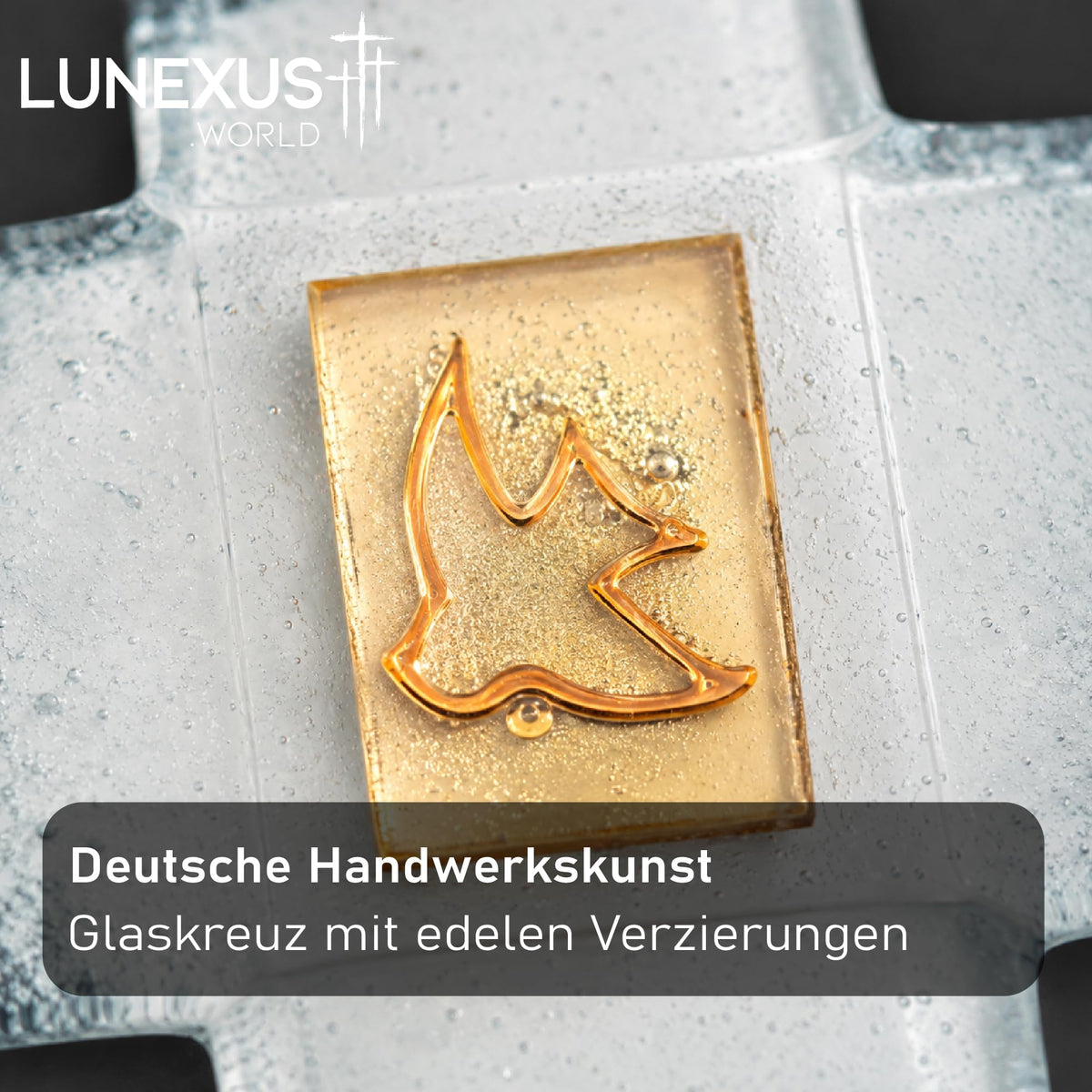 Glaskreuz 21×12,5 cm weiß-transparent mit goldener Taube auf Plakette, gesegnet – Bild 5