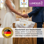 Weißes gesegnetes Hochzeitstuch 35 × 35 cm mit goldener Stickerei aus zwei Tauben und Eheringen – Bild 5