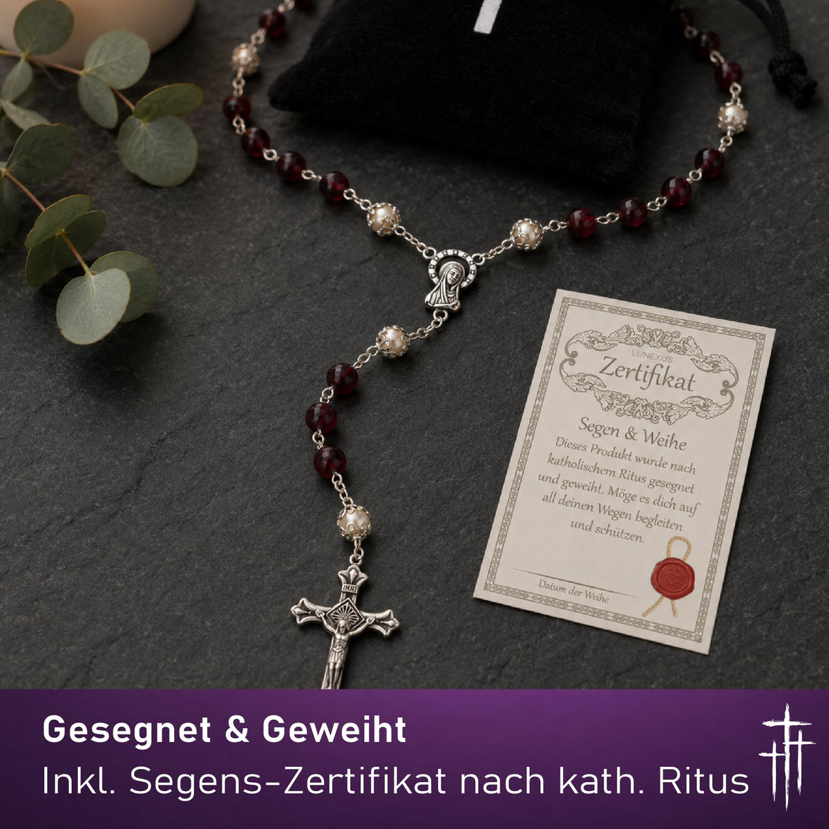 Rosenkranz mit rot marmorierten Glasperlen, 50 cm, Madonnen-Plakette und Kruzifix, gesegnet – Bild 4