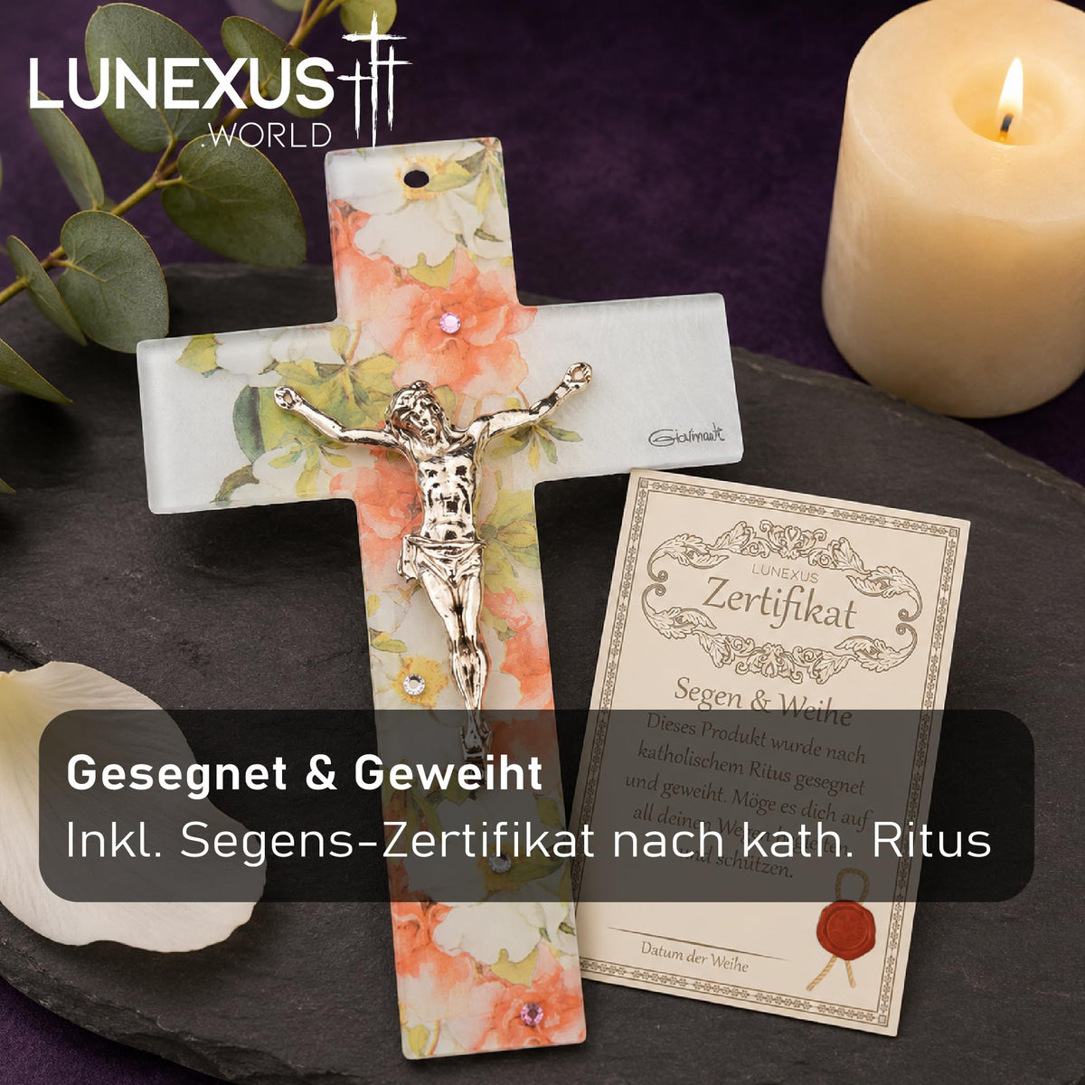 Glaskreuz 16 × 10 cm in Weiß und Orange mit Jesus-Korpus, Strass und floralem Dekor, gesegnet – Bild 4