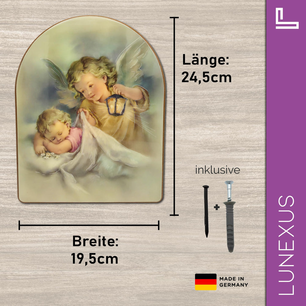 Schutzengelbild auf Holz, 24,5 x 19,5 cm: Engel behütet ein Kind – Bild 2