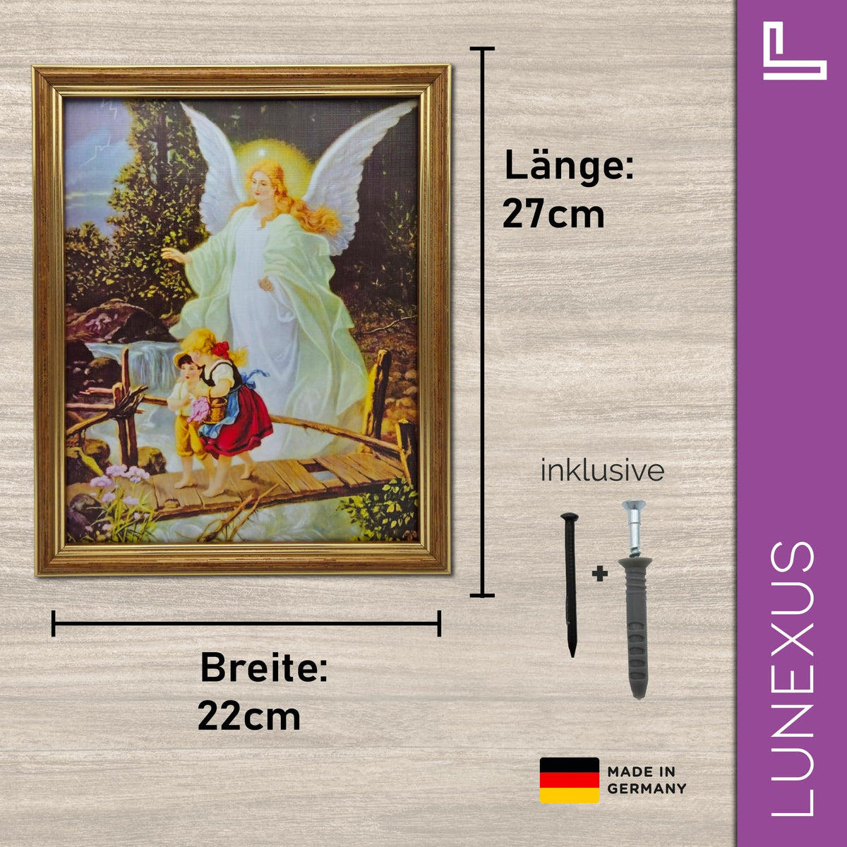 Schutzengel Wandbild im Holzrahmen: Engel führt zwei Kinder über eine Brücke – Bild 4