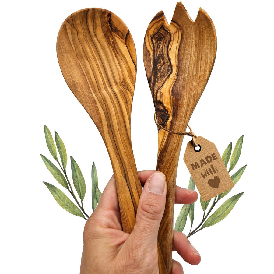 Salatbesteck aus Olivenholz, 32 cm, Salatlöffel und -gabel mit natürlicher Maserung