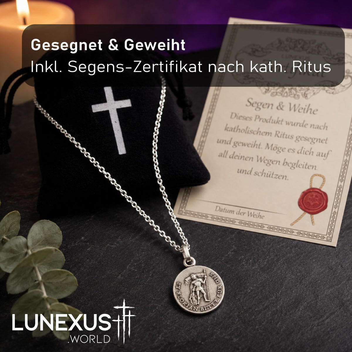 Halskette mit Medaillon des heiligen Florian, 1,6 cm, Edelstahlkette, gesegnet, mit Samtbeutel – Bild 3