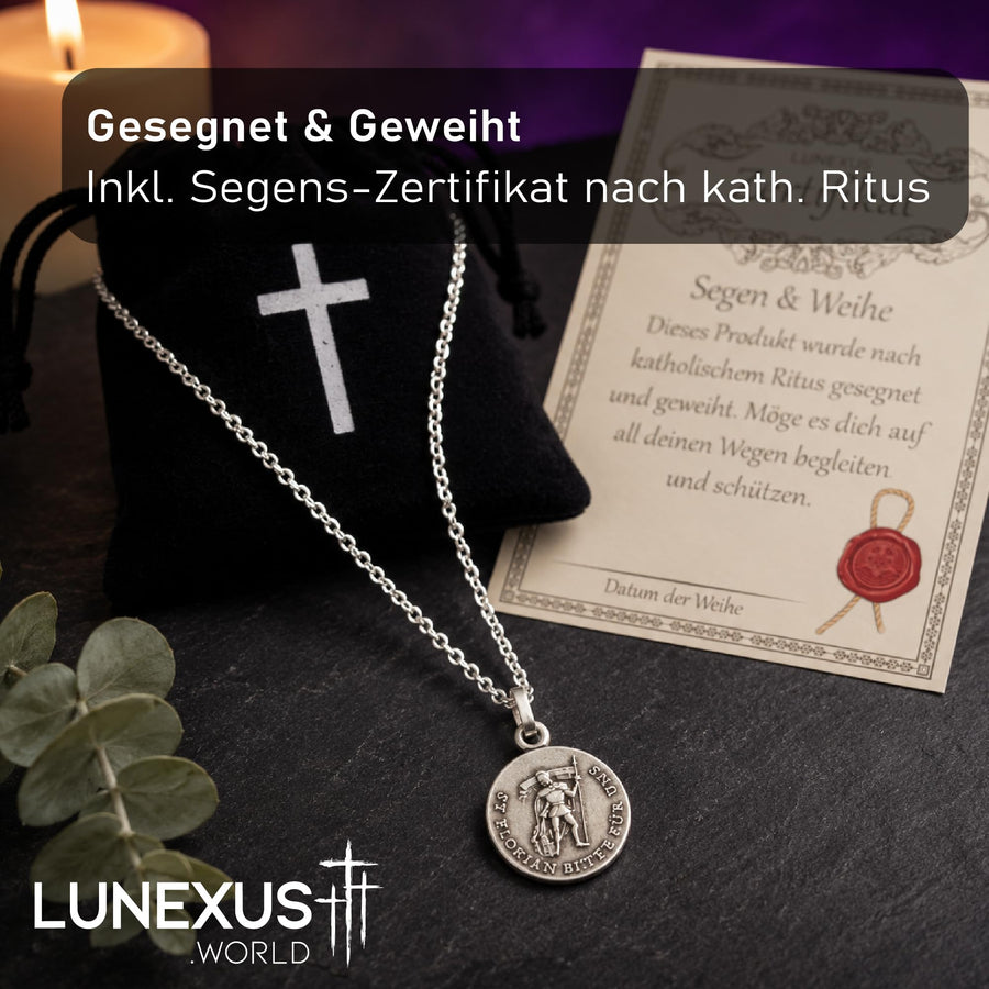 Halskette mit Medaillon des heiligen Florian, 1,6 cm, Edelstahlkette, gesegnet, mit Samtbeutel – Bild 3