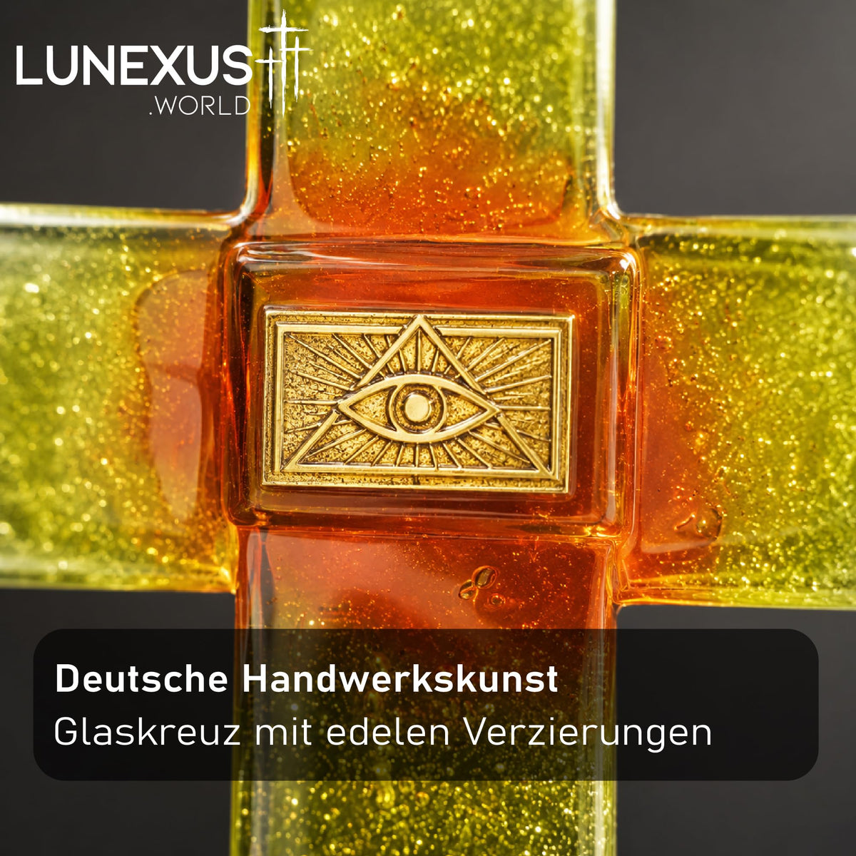 Glaskreuz 20×12 cm in Gelb mit Auge der Vorsehung und Glitzerfüllung, gesegnet – Bild 5