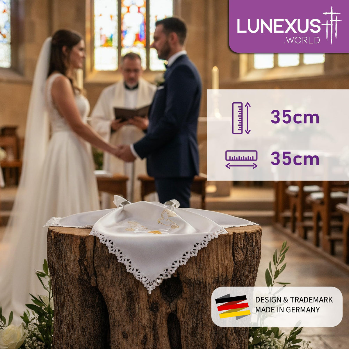 Weißes gesegnetes Hochzeitstuch 35 × 35 cm mit goldener Stickerei aus zwei Tauben und Eheringen – Bild 2