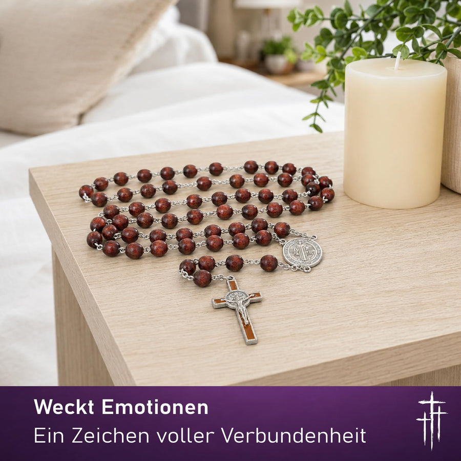 Rosenkranz aus 59 dunkelbraunen Holzperlen mit Benediktus-Medaille und emailliertem Kreuz, 50 cm – Bild 7