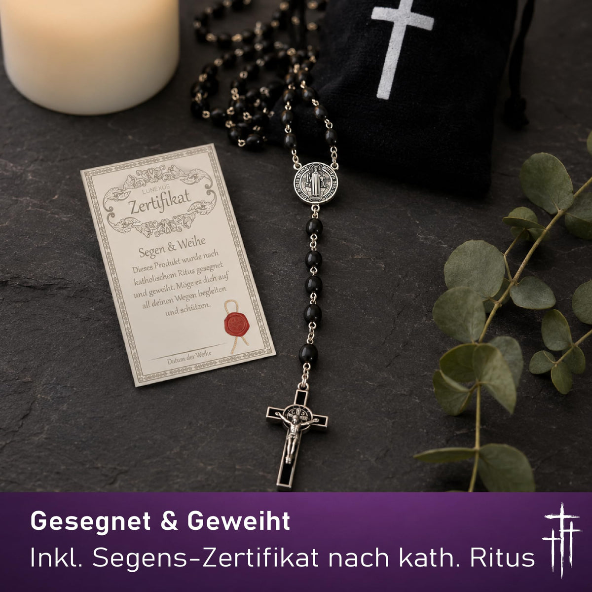 Benediktus-Rosenkranz mit schwarzen ovalen Holzperlen, 50 cm, Medaille und emailliertes Kruzifix – Bild 4