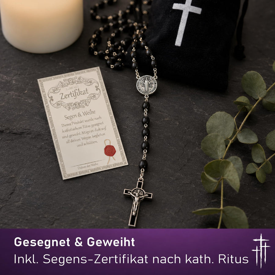 Benediktus-Rosenkranz mit schwarzen ovalen Holzperlen, 50 cm, Medaille und emailliertes Kruzifix – Bild 4